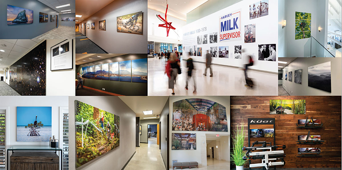 A composite of commercial installations featuring prints by Bay Photo