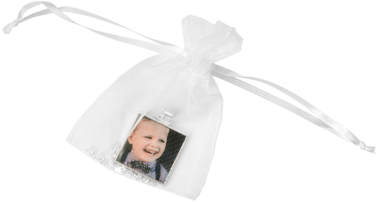Personalized Photo Jewelry gift wrapped in a white Organza bag